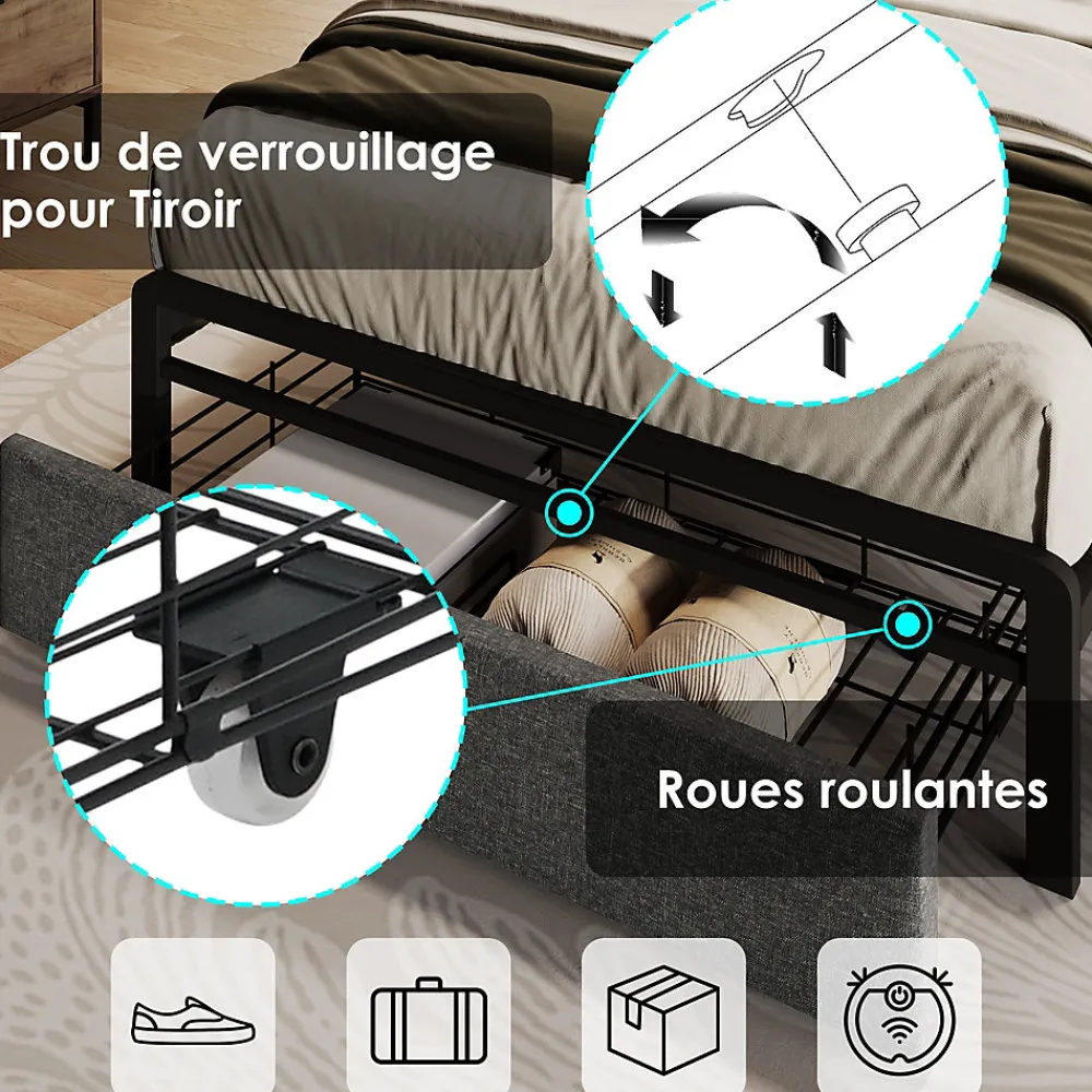 Okwish Lit avec rangement 90x200 cm - Lit simple rembourré avec tiroirs et fonction de chargement USB - Lin - Sans Matelas - Gris* Lit Avec Rangement