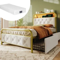 Lit avec Rangement 90x200 cm - Lit Simple Capitonné avec 2 Tiroirs, Ports USB et LED, Matelas Inclus, Velours, Blanc>Okwish Best