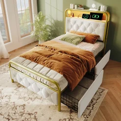 Lit avec Rangement 90x200 cm - Lit Simple Capitonné avec 2 Tiroirs, Ports USB et LED, Matelas Inclus, Velours, Blanc><noscript><img width=
