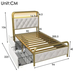 Lit avec Rangement 90x200 cm - Lit Simple Capitonné avec 2 Tiroirs, Ports USB et LED, Matelas Inclus, Velours, Blanc><noscript><img width=