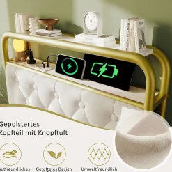 Lit avec Rangement 90x200 cm - Lit Simple Capitonné avec 2 Tiroirs, Ports USB et LED, Matelas Inclus, Velours, Blanc><noscript><img width=