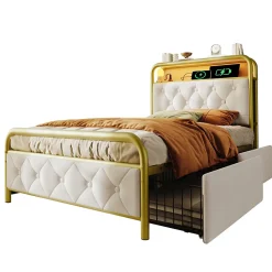 Lit avec Rangement 90x200 cm - Lit Simple Capitonné avec 2 Tiroirs, Ports USB et LED, Matelas Inclus, Velours, Blanc><noscript><img width=