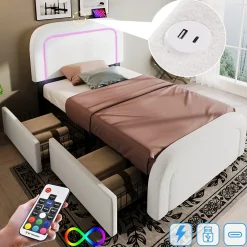 Lit avec rangement 90x200 cm - Lit simple rembourré avec 2 tiroirs et USB Type-C - Sherpa - Sans Matelas - Blanc>Okwish Online