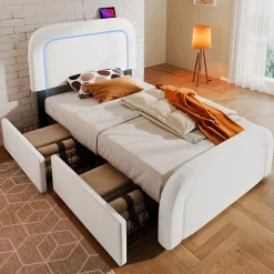 Lit avec rangement 90x200 cm - Lit simple rembourré avec 2 tiroirs et USB Type-C - Sherpa - Sans Matelas - Blanc>Okwish Online