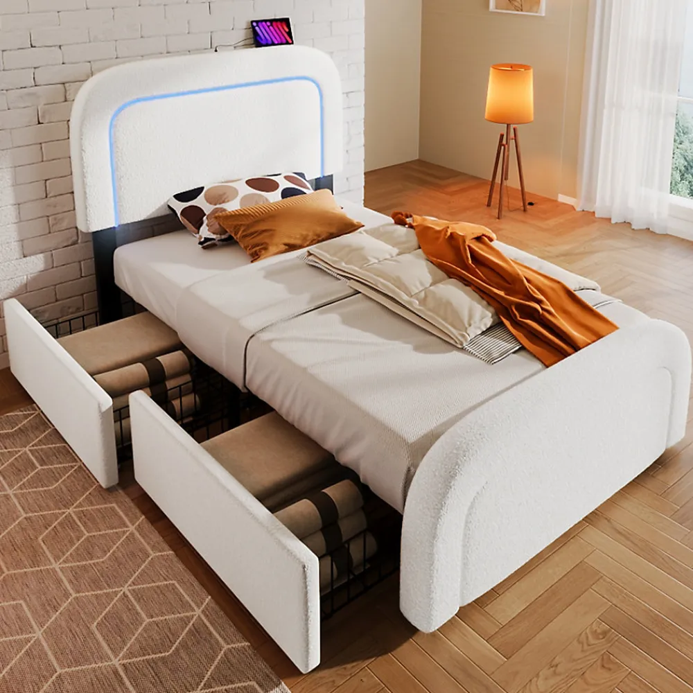 Lit avec rangement 90x200 cm - Lit simple rembourré avec 2 tiroirs et USB Type-C - Sherpa - Sans Matelas - Blanc>Okwish Online