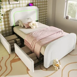Lit avec rangement 90x200 cm - Lit simple rembourré avec 2 tiroirs et USB Type-C - Sherpa - Sans Matelas - Blanc><noscript><img width=