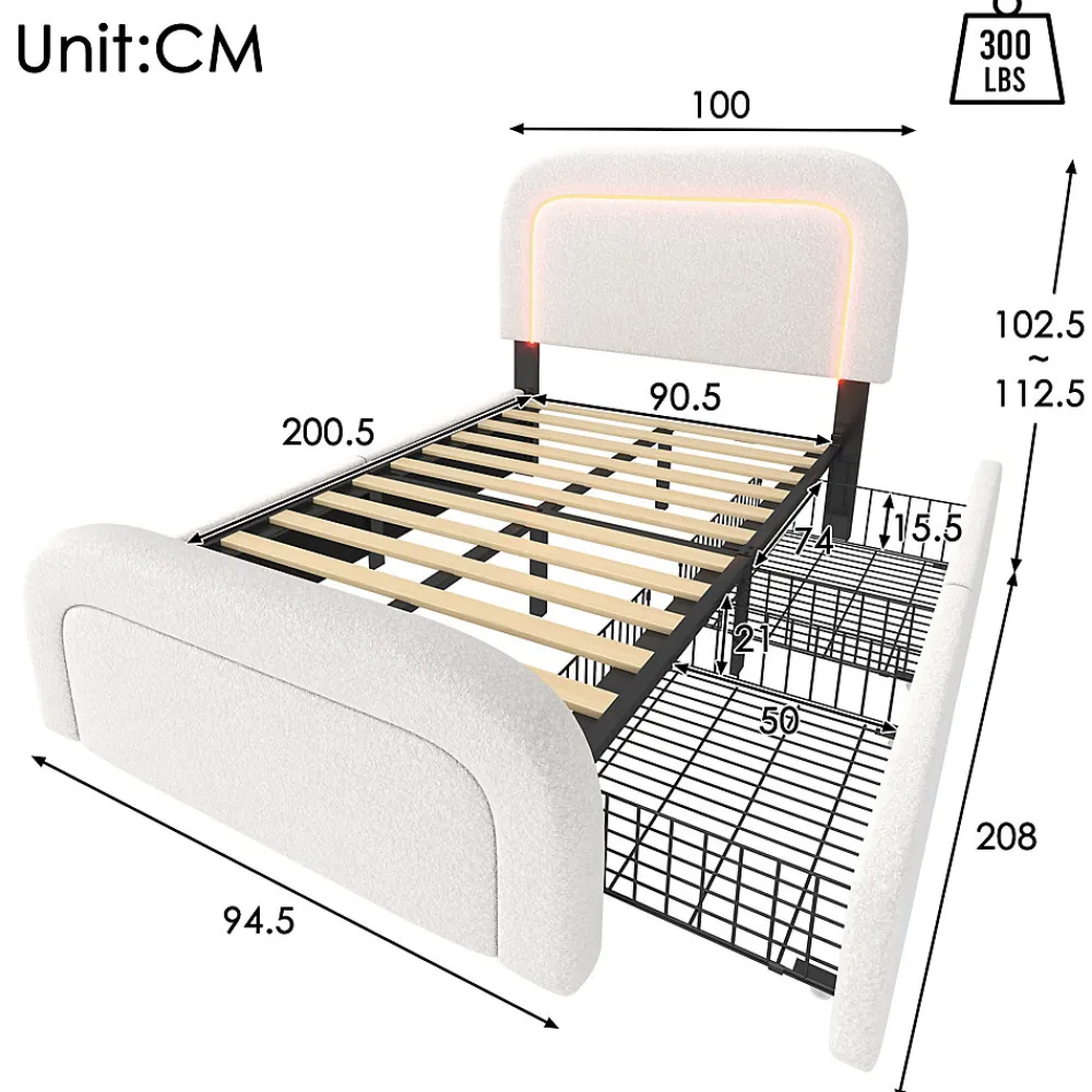 Lit avec rangement 90x200 cm - Lit simple rembourré avec 2 tiroirs et USB Type-C - Sherpa - Sans Matelas - Blanc>Okwish Online