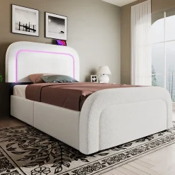 Lit avec rangement 90x200 cm - Lit simple rembourré avec 2 tiroirs et USB Type-C - Sherpa - Sans Matelas - Blanc><noscript><img width=