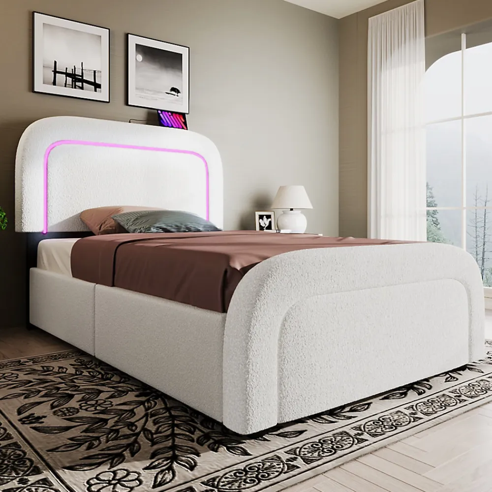 Lit avec rangement 90x200 cm - Lit simple rembourré avec 2 tiroirs et USB Type-C - Sherpa - Sans Matelas - Blanc>Okwish Online
