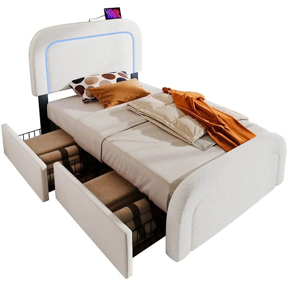 Lit avec rangement 90x200 cm - Lit simple rembourré avec 2 tiroirs et USB Type-C - Sherpa - Sans Matelas - Blanc>Okwish Online