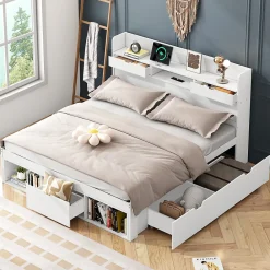 Lit avec Rangement 160x200 cm - Lit Double avec USB et Tiroirs, Armoire Intégrée - Sans Matelas - Bois Blanc>Okwish