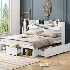 Lit avec Rangement 160x200 cm - Lit Double avec USB et Tiroirs, Armoire Intégrée - Sans Matelas - Bois Blanc>Okwish