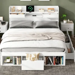 Lit avec Rangement 160x200 cm - Lit Double avec USB et Tiroirs, Armoire Intégrée - Sans Matelas - Bois Blanc><noscript><img width=