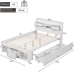 Lit avec Rangement 160x200 cm - Lit Double avec USB et Tiroirs, Armoire Intégrée - Sans Matelas - Bois Blanc><noscript><img width=