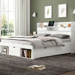 Lit avec Rangement 160x200 cm - Lit Double avec USB et Tiroirs, Armoire Intégrée - Sans Matelas - Bois Blanc><noscript><img width=