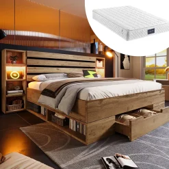 Okwish Lit avec rangement 160x200 cm - Lit double avec éclairage LED et USB - Bois massif + MDF - Sans Matelas - Chêne* Ensemble Sommier Et Matelas