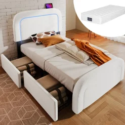 Lit avec rangement 90x200 cm - Lit simple capitonné avec tiroirs, USB Type-C et LED - Sherpa - Matelas Inclus - Blanc>Okwish Best