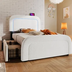 Lit avec rangement 90x200 cm - Lit simple capitonné avec tiroirs, USB Type-C et LED - Sherpa - Matelas Inclus - Blanc><noscript><img width=