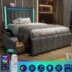 Lit avec rangement 90x200 cm capitonné avec ports USB-C et LED, 2 tiroirs intégrés, tissu lin gris, sans matelas>Generique Discount