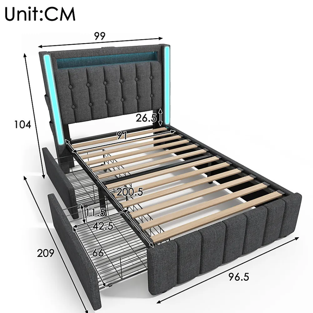 Lit avec rangement 90x200 cm capitonné avec ports USB-C et LED, 2 tiroirs intégrés, tissu lin gris, sans matelas>Generique Discount