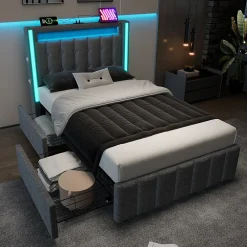 Lit avec rangement 90x200 cm capitonné avec ports USB-C et LED, 2 tiroirs intégrés, tissu lin gris, sans matelas><noscript><img width=