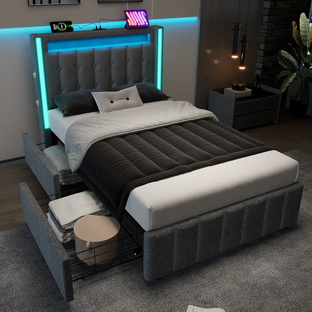 Lit avec rangement 90x200 cm capitonné avec ports USB-C et LED, 2 tiroirs intégrés, tissu lin gris, sans matelas>Generique Discount