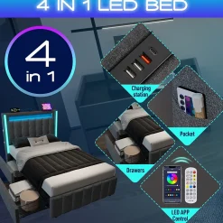 Lit avec rangement 90x200 cm capitonné avec ports USB-C et LED, 2 tiroirs intégrés, tissu lin gris, sans matelas><noscript><img width=