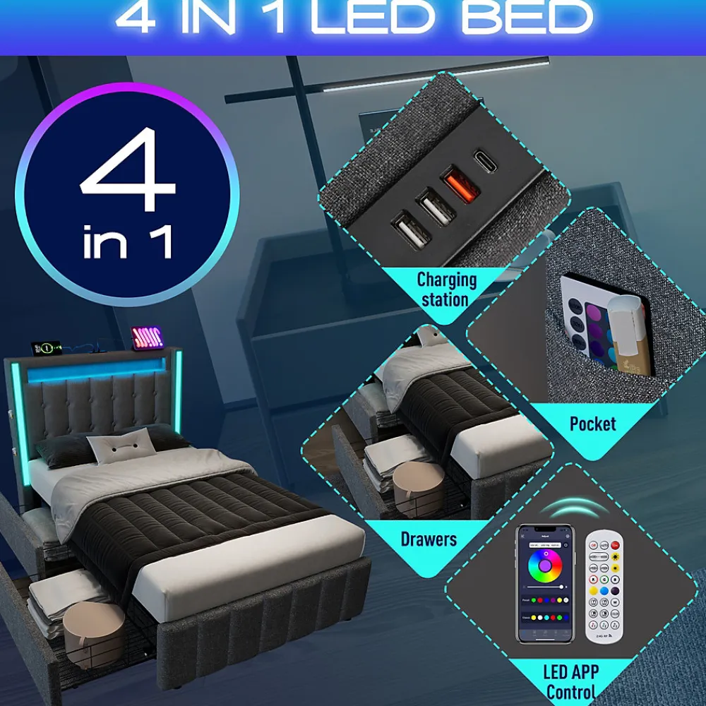 Lit avec rangement 90x200 cm capitonné avec ports USB-C et LED, 2 tiroirs intégrés, tissu lin gris, sans matelas>Generique Discount