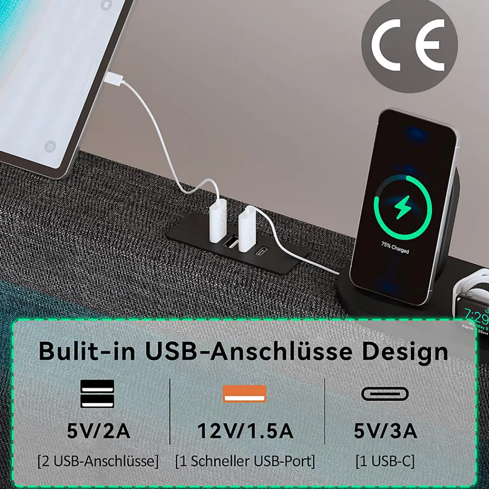 Lit avec rangement 90x200 cm capitonné avec ports USB-C et LED, 2 tiroirs intégrés, tissu lin gris, sans matelas>Generique Discount