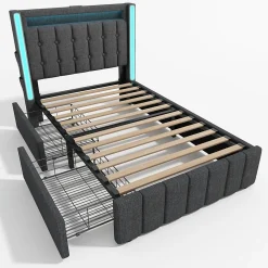 Lit avec rangement 90x200 cm capitonné avec ports USB-C et LED, 2 tiroirs intégrés, tissu lin gris, sans matelas><noscript><img width=