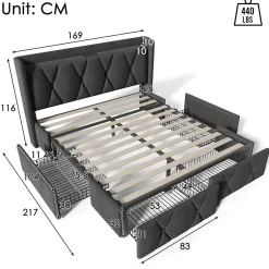 Okwish Lit avec rangement 160x200 cm double capitonné avec 4 tiroirs et ports USB, structure lin et bois robuste, gris, sans matelas* Lit Avec Rangement