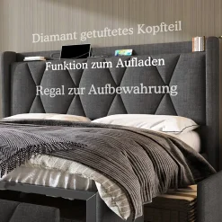 Okwish Lit avec rangement 160x200 cm double capitonné avec 4 tiroirs et ports USB, structure lin et bois robuste, gris, sans matelas* Lit Avec Rangement