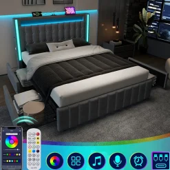 Lit avec rangement 160x200 cm double capitonné avec ports USB-C et LED, 4 tiroirs intégrés, tissu lin gris, sans matelas>Okwish