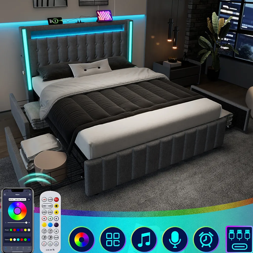 Lit avec rangement 160x200 cm double capitonné avec ports USB-C et LED, 4 tiroirs intégrés, tissu lin gris, sans matelas>Okwish