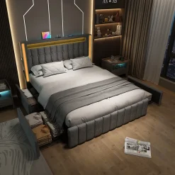 Lit avec rangement 160x200 cm double capitonné avec ports USB-C et LED, 4 tiroirs intégrés, tissu lin gris, sans matelas>Okwish