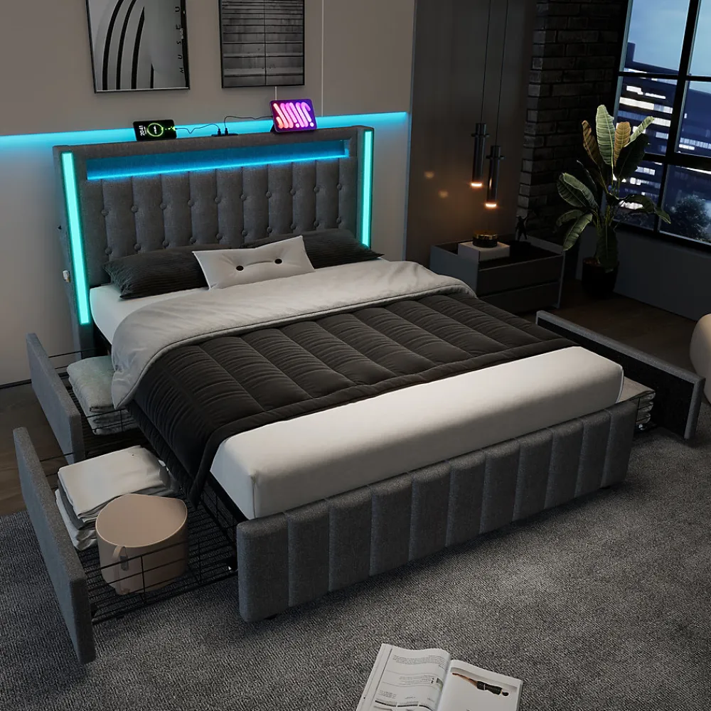 Lit avec rangement 160x200 cm double capitonné avec ports USB-C et LED, 4 tiroirs intégrés, tissu lin gris, sans matelas>Okwish