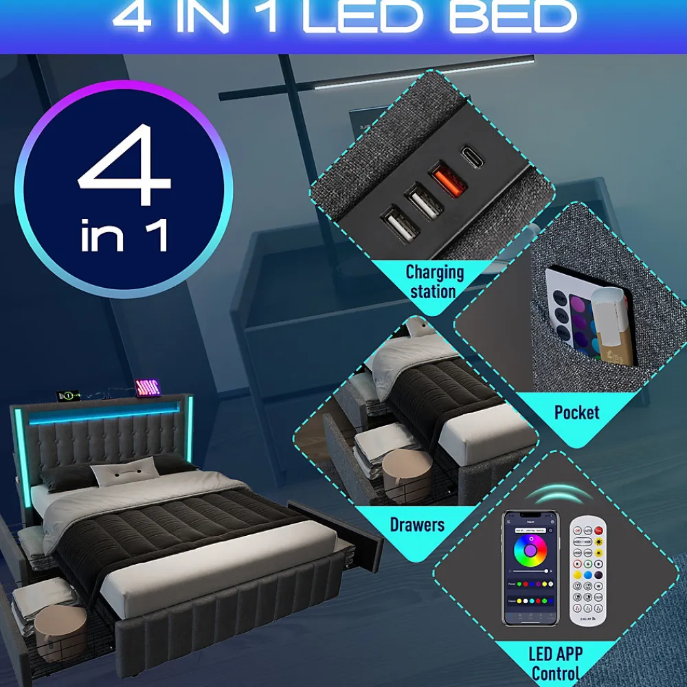 Lit avec rangement 160x200 cm double capitonné avec ports USB-C et LED, 4 tiroirs intégrés, tissu lin gris, sans matelas>Okwish