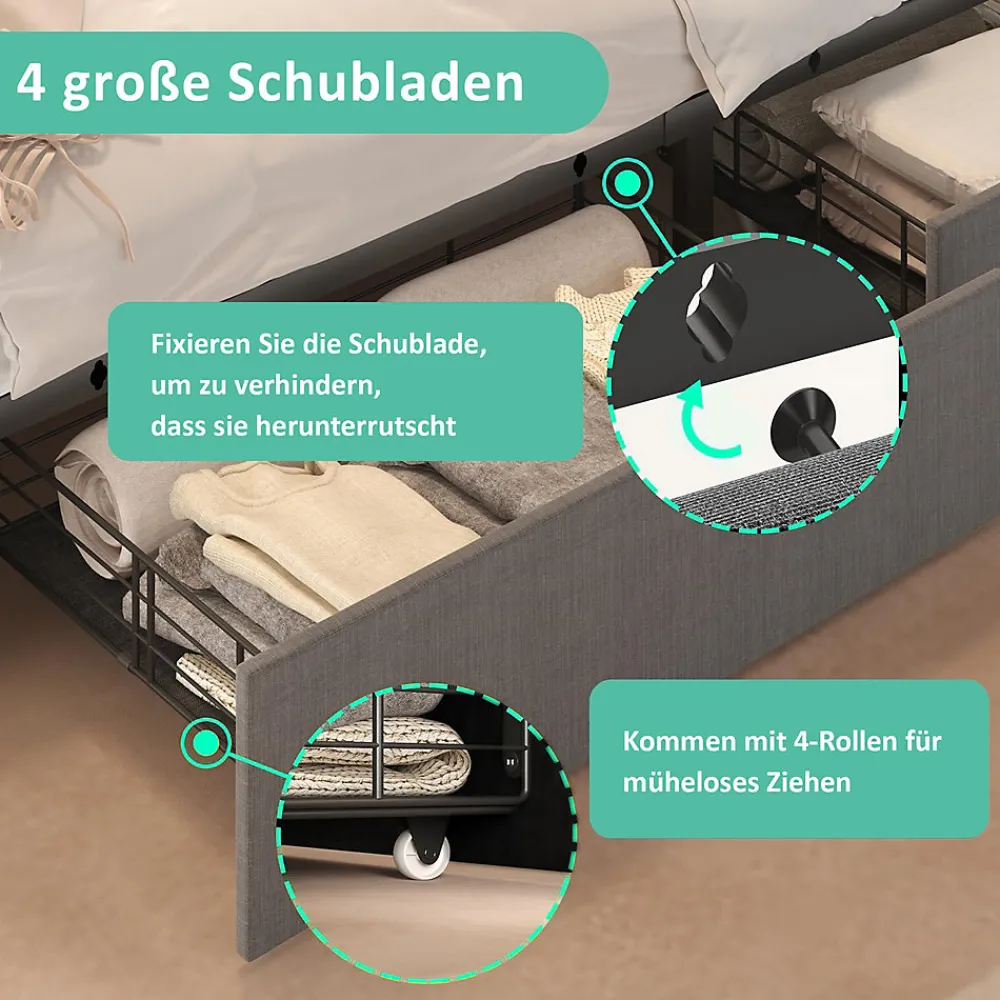 Lit avec rangement 160x200 cm double capitonné avec ports USB-C et LED, 4 tiroirs intégrés, tissu lin gris, sans matelas>Okwish