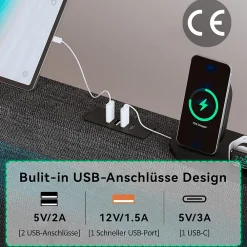 Lit avec rangement 160x200 cm double capitonné avec ports USB-C et LED, 4 tiroirs intégrés, tissu lin gris, sans matelas><noscript><img width=