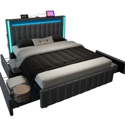 Lit avec rangement 160x200 cm double capitonné avec ports USB-C et LED, 4 tiroirs intégrés, tissu lin gris, sans matelas><noscript><img width=