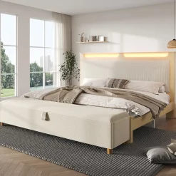 Okwish Lit avec rangement 140x200 cm double, tête de lit LED et banc de rangement, velours côtelé, chêne clair et beige, sans matelas* Lit Avec Rangement