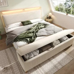 Okwish Lit avec rangement 140x200 cm double, tête de lit LED et banc de rangement, velours côtelé, chêne clair et beige, sans matelas* Lit Avec Rangement