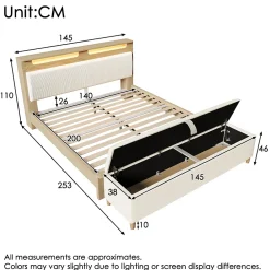 Okwish Lit avec rangement 140x200 cm double, tête de lit LED et banc de rangement, velours côtelé, chêne clair et beige, sans matelas* Lit Avec Rangement