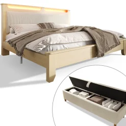 Okwish Lit avec rangement 140x200 cm double, tête de lit LED et banc de rangement, velours côtelé, chêne clair et beige, sans matelas* Lit Avec Rangement