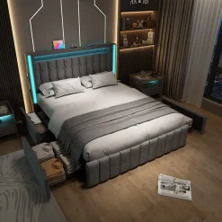 Okwish Lit avec rangement 140x200 cm double capitonné avec ports USB-C et LED, 4 tiroirs intégrés, tissu lin gris, sans matelas* Lit Avec Rangement