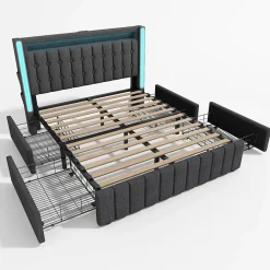 Okwish Lit avec rangement 140x200 cm double capitonné avec ports USB-C et LED, 4 tiroirs intégrés, tissu lin gris, sans matelas* Lit Avec Rangement