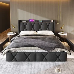 Generique Lit avec rangement 140x200 cm double capitonné avec ports USB et 4 tiroirs, structure lin et bois, gris, sans matelas* Lit Avec Rangement