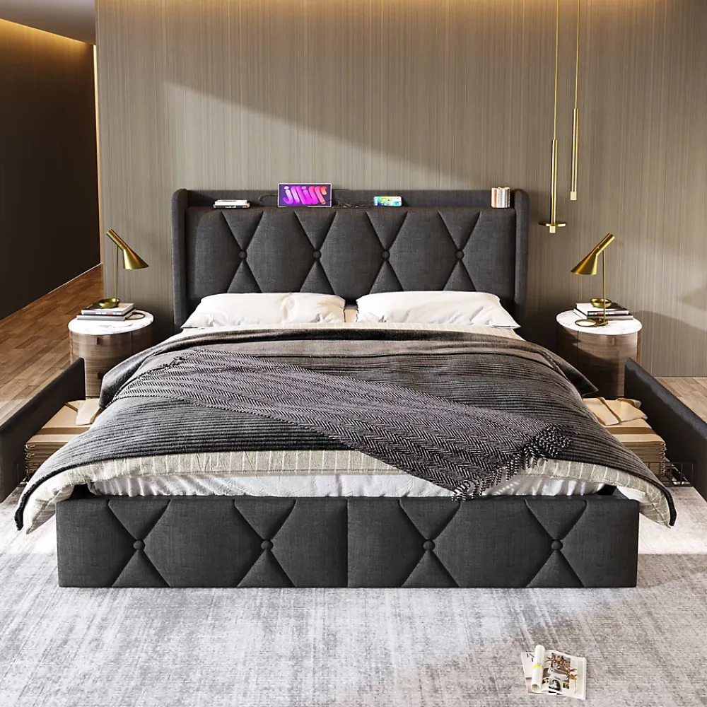 Generique Lit avec rangement 140x200 cm double capitonné avec ports USB et 4 tiroirs, structure lin et bois, gris, sans matelas* Lit Avec Rangement