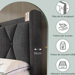 Generique Lit avec rangement 140x200 cm double capitonné avec ports USB et 4 tiroirs, structure lin et bois, gris, sans matelas* Lit Avec Rangement