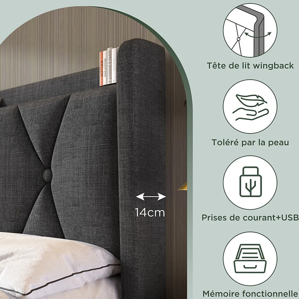 Generique Lit avec rangement 140x200 cm double capitonné avec ports USB et 4 tiroirs, structure lin et bois, gris, sans matelas* Lit Avec Rangement